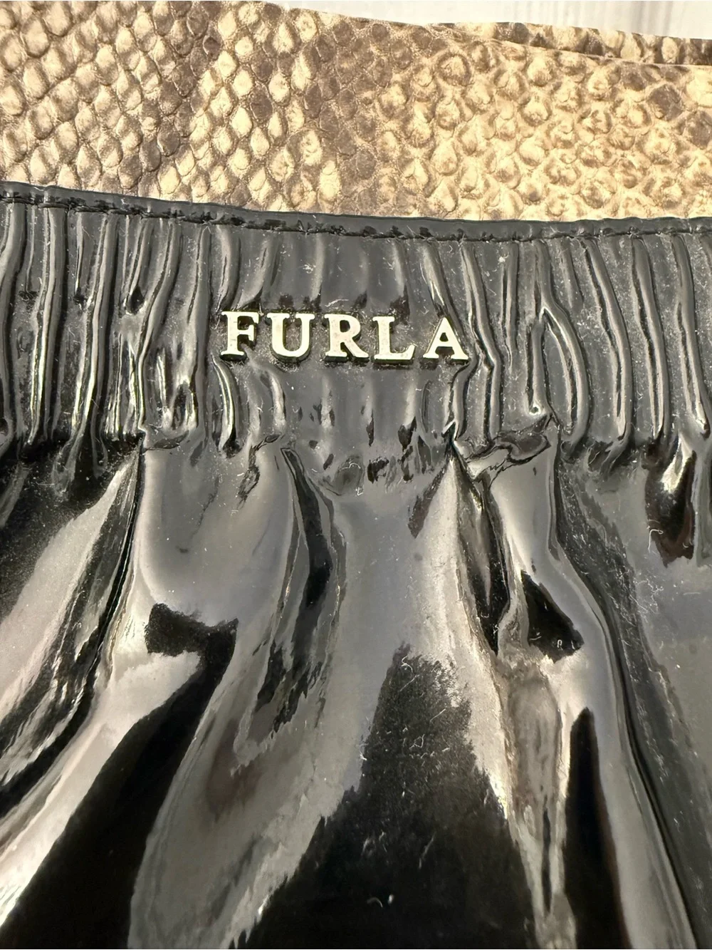 Furla Black Patent Tote with Snakeskin-Accent Trim